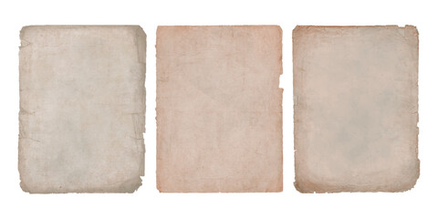 Set of vintage old worn torn paper textures. Antique shabby ripped sheets of parchment