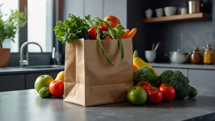 Wall Mural - Various fruits and vegetables in a paper bag on the table in the kitchen