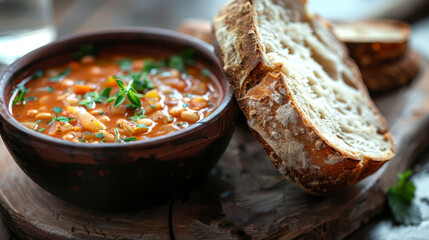 Wall Mural - A bowl of soup and a piece of bread on a wooden table