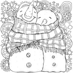 Wall Mural - Cute Pair of Snowmen. Love. Snowflakes. Winter, snow, sled, carrot, buttons. Merry Christmas, Happy New Year. Pattern for adult coloring book. Black and white.	