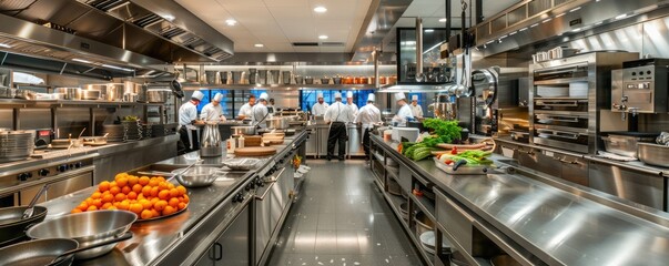 a skilled team of professional chefs is seen preparing food in a modern, bustling commercial kitchen