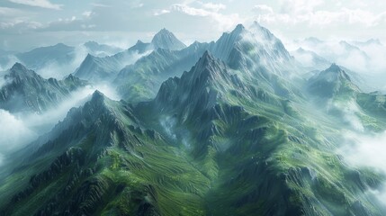 Aerial view of foggy mountain range