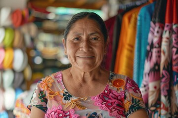 Mexican smiling at camera  mother working in regional clothing business