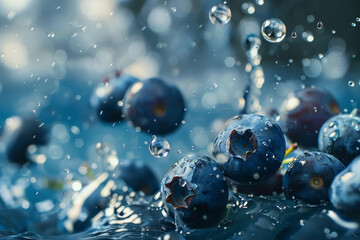 A close up of a bunch of blueberries with water droplets surrounding them