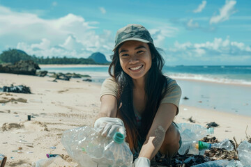 Wall Mural - A woman is smiling while picking up trash on the beach