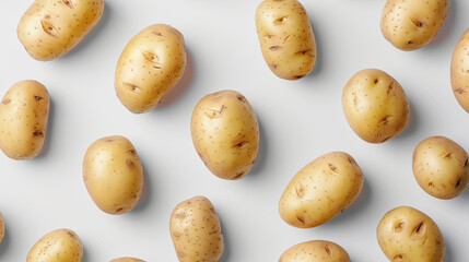 Flat lay with young potato on white background