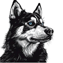 A black and white drawing of a siberian husky dog