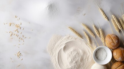 Wall Mural - Wheat ears and flour on white marble background. Top view with copy space