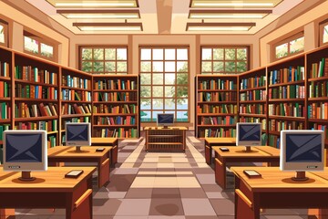 Poster - A bright and spacious student library with rows of bookshelves filled with colorful books and computer workstations for students to research and study. Generative AI