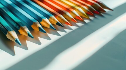 Sticker - Colorful pencils casting shadows on a white background with sunlight representing creativity design and diversity with available space for text