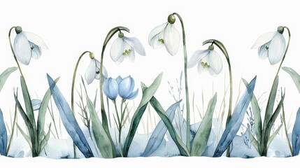 Wall Mural - Watercolor snowdrop spring floral seamless design