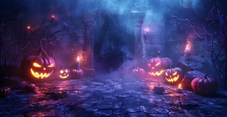 Wall Mural - A dark, spooky scene with a path of pumpkins leading to a doorway