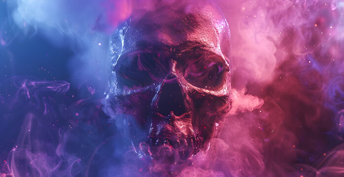 A skull with a purple and blue background and smoke