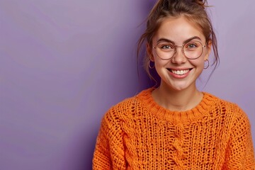 A Close up photo of cute sweet lady wear orange sweater