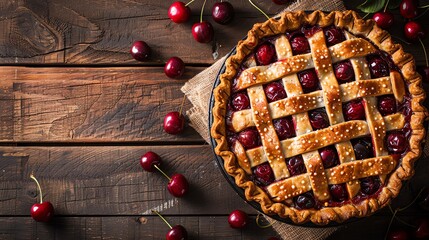 Cherry Pie on Rustic Table A freshly baked cherry pie on a rustic wooden table, with space beside for text The homemade dessert and summer pie add a sweet touch