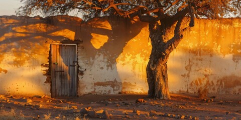 rustic african wall with tree and old wooden door