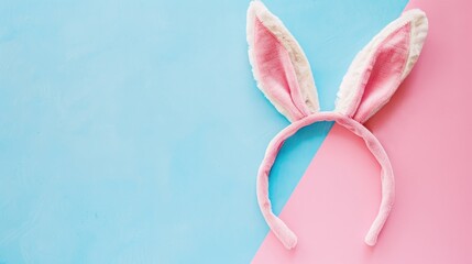 Poster - Easter bunny ears headband on colorful background top view Text space included