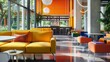© Anat art - A bright and inviting student lounge with colorful seating, large windows, and natural light. Generative AI