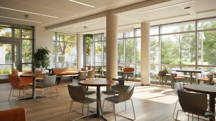 Poster - A bright and spacious student lounge with comfortable seating and large windows overlooking a green campus. Generative AI