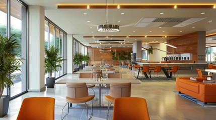 Poster - A spacious and modern student lounge with large windows, dining tables, and comfortable seating areas. Generative AI