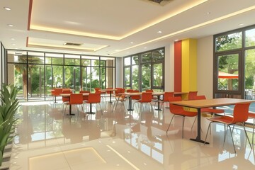 Poster - A spacious and modern student lounge featuring dining tables and relaxation areas, perfect for studying, socializing, and unwinding. Generative AI