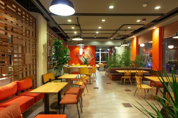 Poster - A spacious student lounge with modern furniture, comfortable seating, and large dining tables, perfect for studying, socializing, and relaxing. Generative AI
