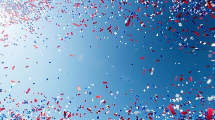 Patriotic Confetti Falling in Sky Red, white, and blue confetti falling against a blue sky, with ample space for text The celebration background and festive sky add a joyful touch