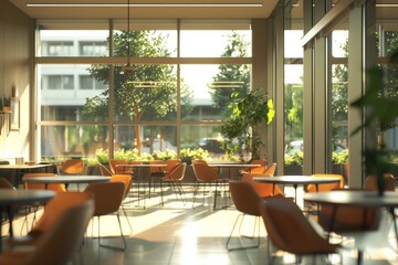 Poster - A modern student lounge with large windows overlooking a green campus, offering ample seating for relaxation and dining. Generative AI