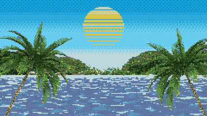 Pixel tropical background. 8-bit retro background. Mosaic of tropical island panorama. Arcade 2D graphic 