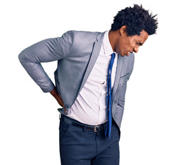 Sticker - Handsome african american man with afro hair wearing business jacket suffering of backache, touching back with hand, muscular pain