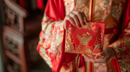 Wall Mural - Close up of a person in asian traditional costume giving a red ornate envelope gift for new year