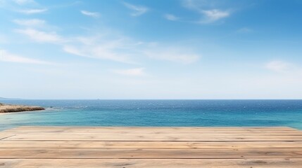 Wall Mural - Wood table top on blur beach background