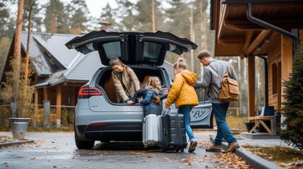 Wall Mural - A family is loading luggage into the rear of their vehicle for a leisurely travel, surrounded by trees and plants. AIG41