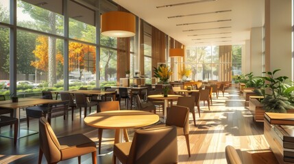 Poster - A bright and spacious student lounge with large windows, comfortable seating, and dining tables. Generative AI
