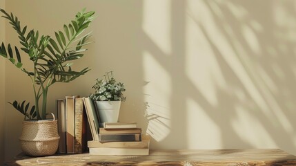 Wall Mural - Furniture with books table and plants by beige wall
