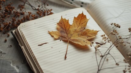 Dry plant and fall leaf on notebook