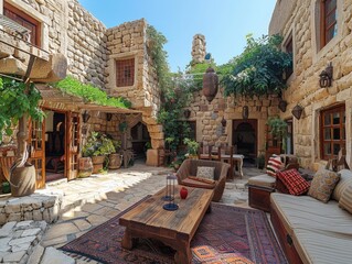 Wall Mural - A traditional Jordanian courtyard house with stone walls and open terraces 