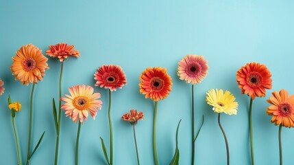 Wall Mural - Gerbera flowers set against a turquoise backdrop