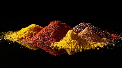 Aufkleber - Close-up of vibrant, colorful spices arranged on a black surface. Generative AI