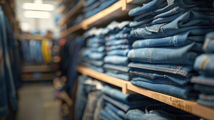 Blurry background with stacked jeans for advertising fashion and business with emphasis on shelves