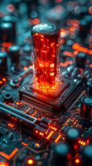 Aufkleber - Futuristic Energy Technology Concept with Glowing Battery Symbol on 3D Rendered Microchip, Data Flow Across Advanced Motherboard in High-Tech Setting