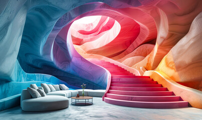 Poster - futuristic pink and turquoise abstract 3d interior with sculpted walls, vibrant stairs, and serene s