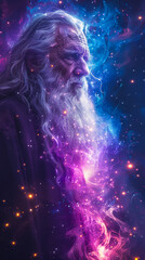 Mystical Persian Wizard with Long White Beard Surrounded by Magical Cosmic Energy, Digital Fantasy Art, Night Setting, Enchanted Atmosphere, Character Design for Magic and Wizardry Themes