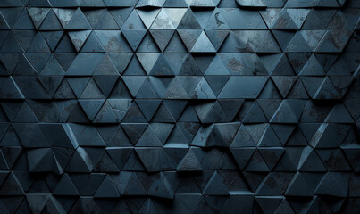 Poster - Contemporary 3D Mosaic Tiles Design, Semi-Gloss Black Triangular Bricks for Modern Architectural Background, High Resolution Render, Nighttime Theme
