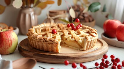 Wall Mural - Apple pie sliced on wooden board with branch of red berries and apples on white background
