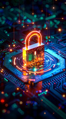 Poster - brightly illuminated cybersecurity lock on microchip circuit board, high tech digital network concep