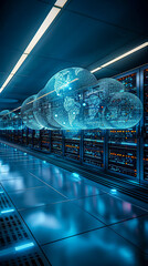 Poster - futuristic data center with virtual cloud computing network concept, illuminated server racks, digit