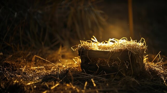 Jesus birth scene glowing manger in darkness