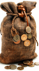 Poster - Money Bag with Euro Coins on White Background, Concept of Wealth, Finance, and European Currency, Isolated Image for Business and Financial Themes