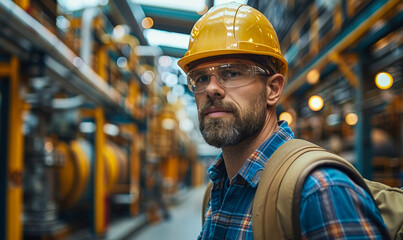Poster - Confident Chief Engineer in Hard Hat Holding Laptop Walks Through Modern Industrial Factory Environment